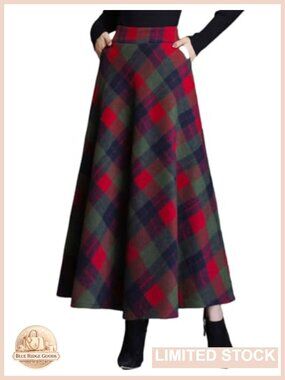 Women's Plaid Wool Blend A-Line Maxi Skirt High Waist Pockets Winter Warm
